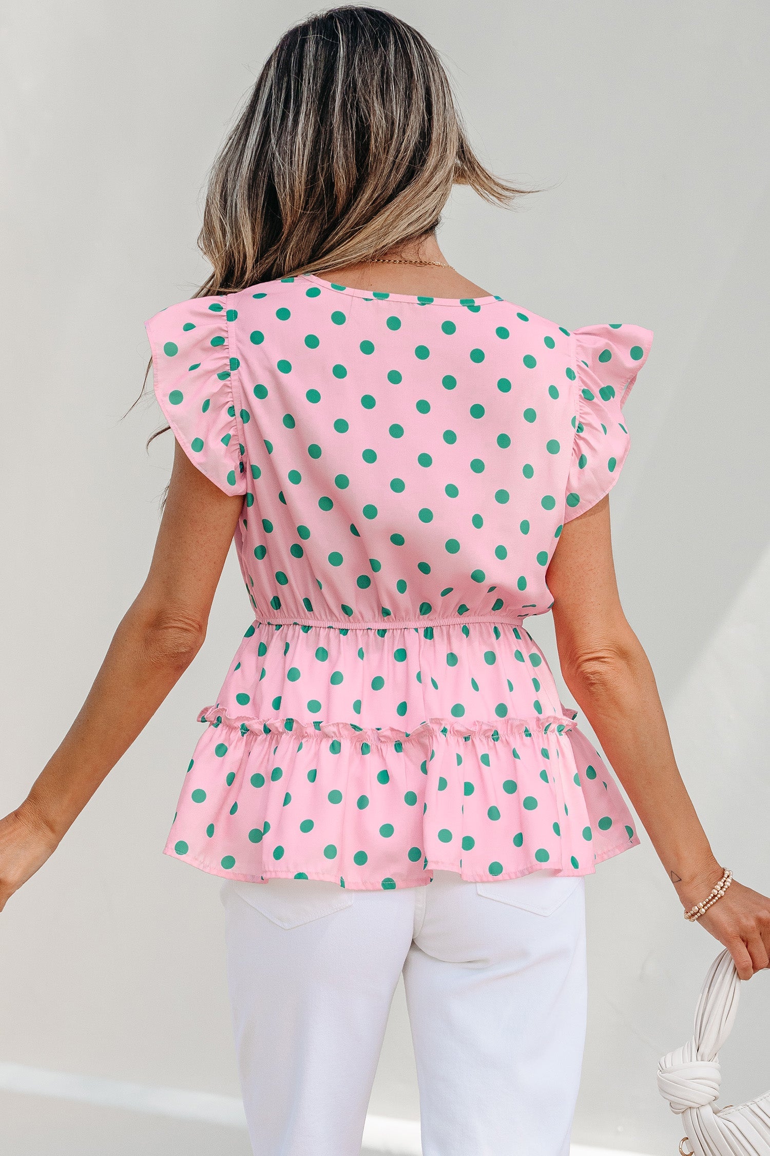 Polka Dot V-Neck Ruffle Tiered Babydoll Blouse