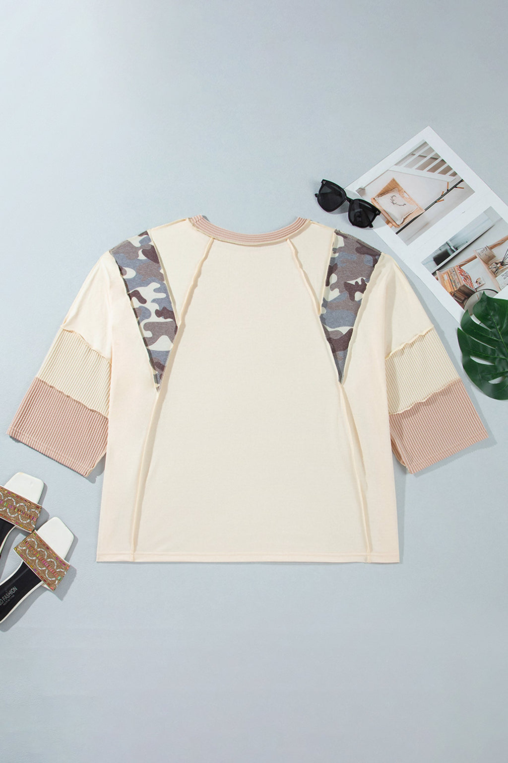 Plus Size Camo Panel Corded Knit Sleeve Blouse