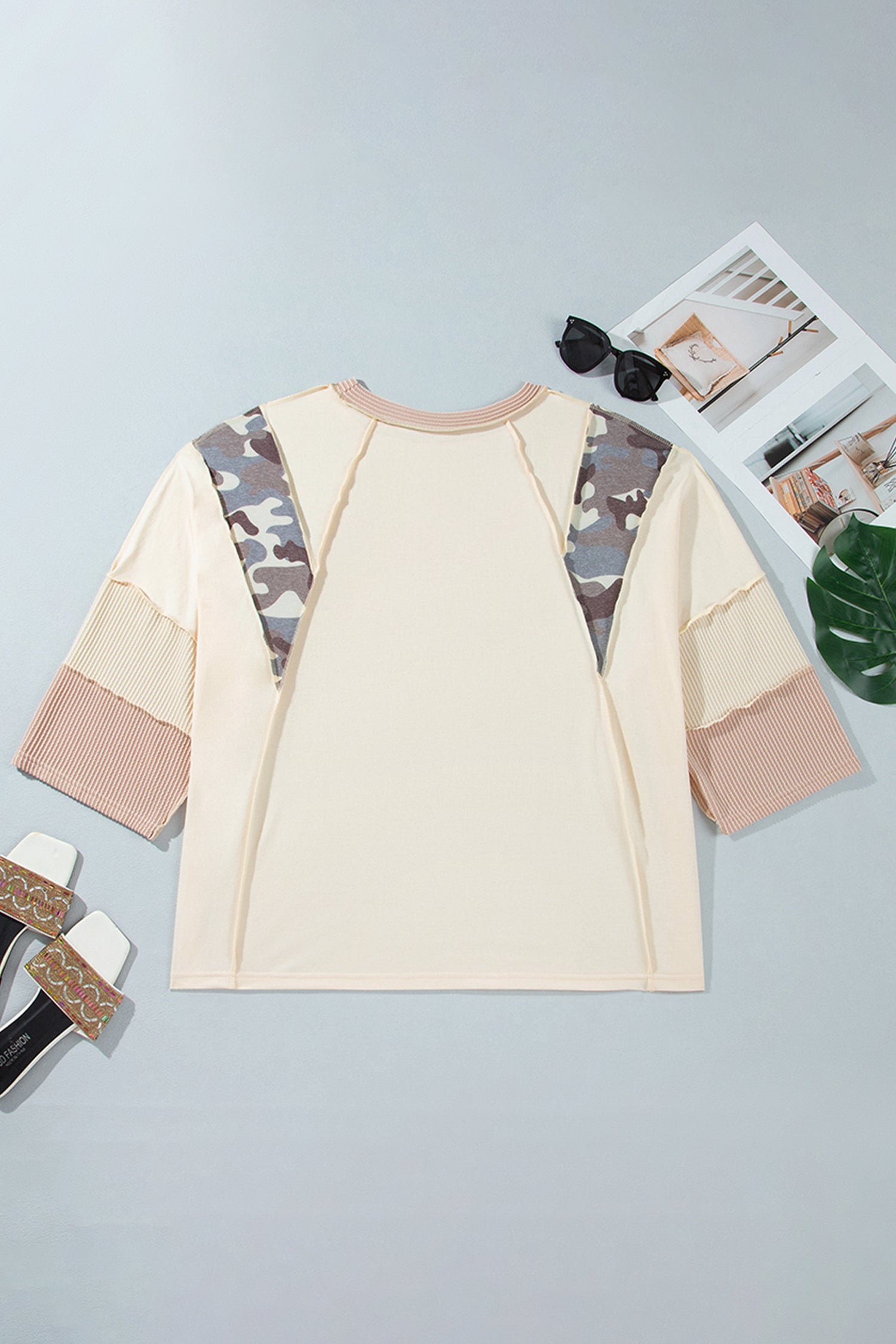 Plus Size Camo Panel Corded Knit Sleeve Blouse