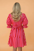 Stripe Half-Button Puff Sleeve Mini Dress