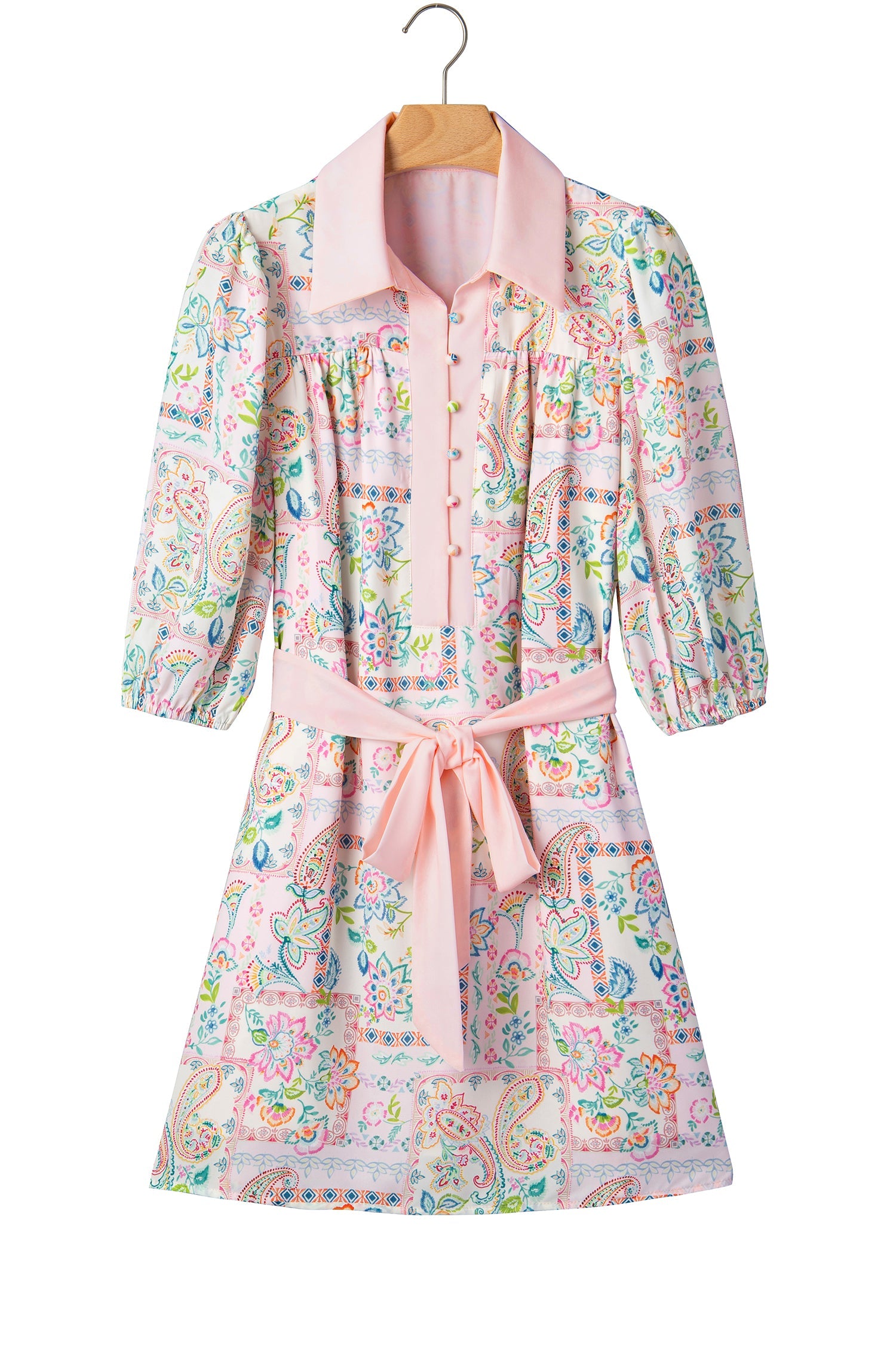Boho Floral Colorblock 3/4 Sleeve Belted Mini Dress