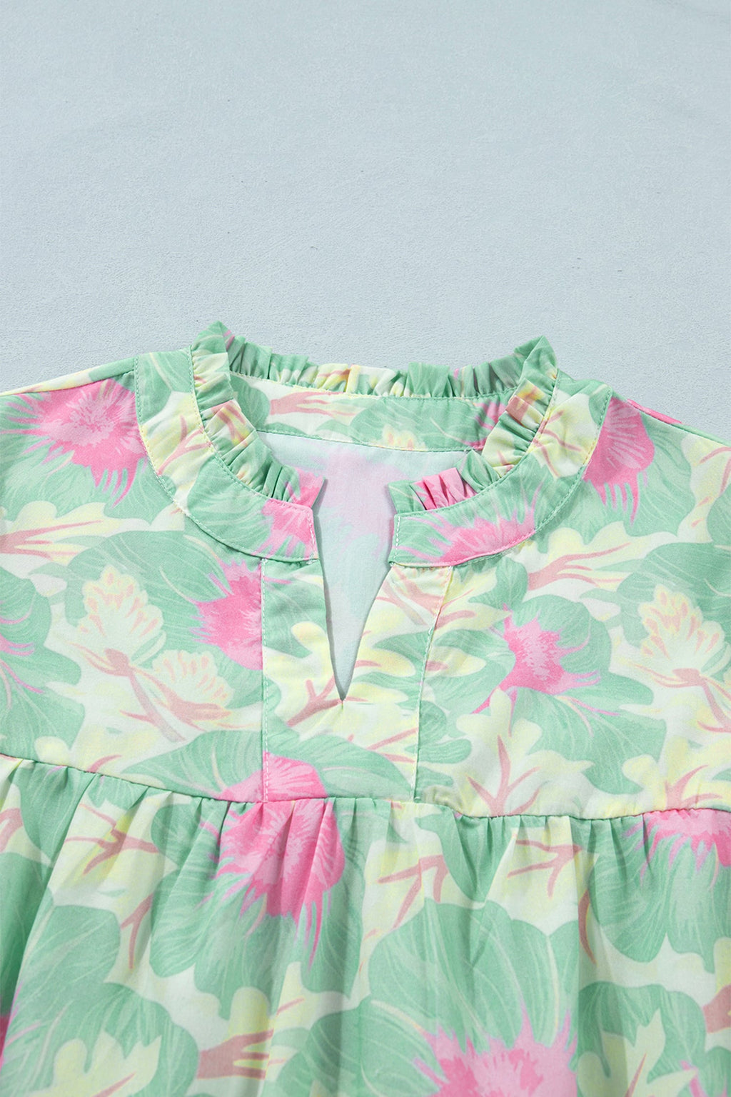 Floral Frilled V-Neck Bubble Sleeve Babydoll Blouse