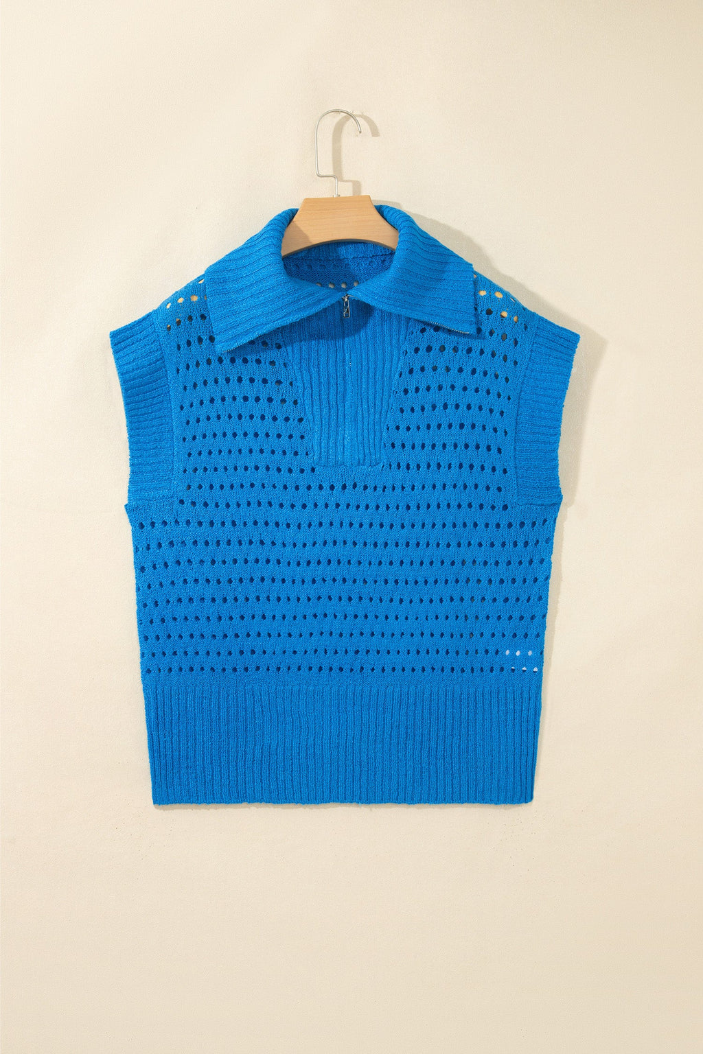 Solid Hollowed Knit Zipped Collar Short Sleeve Top
