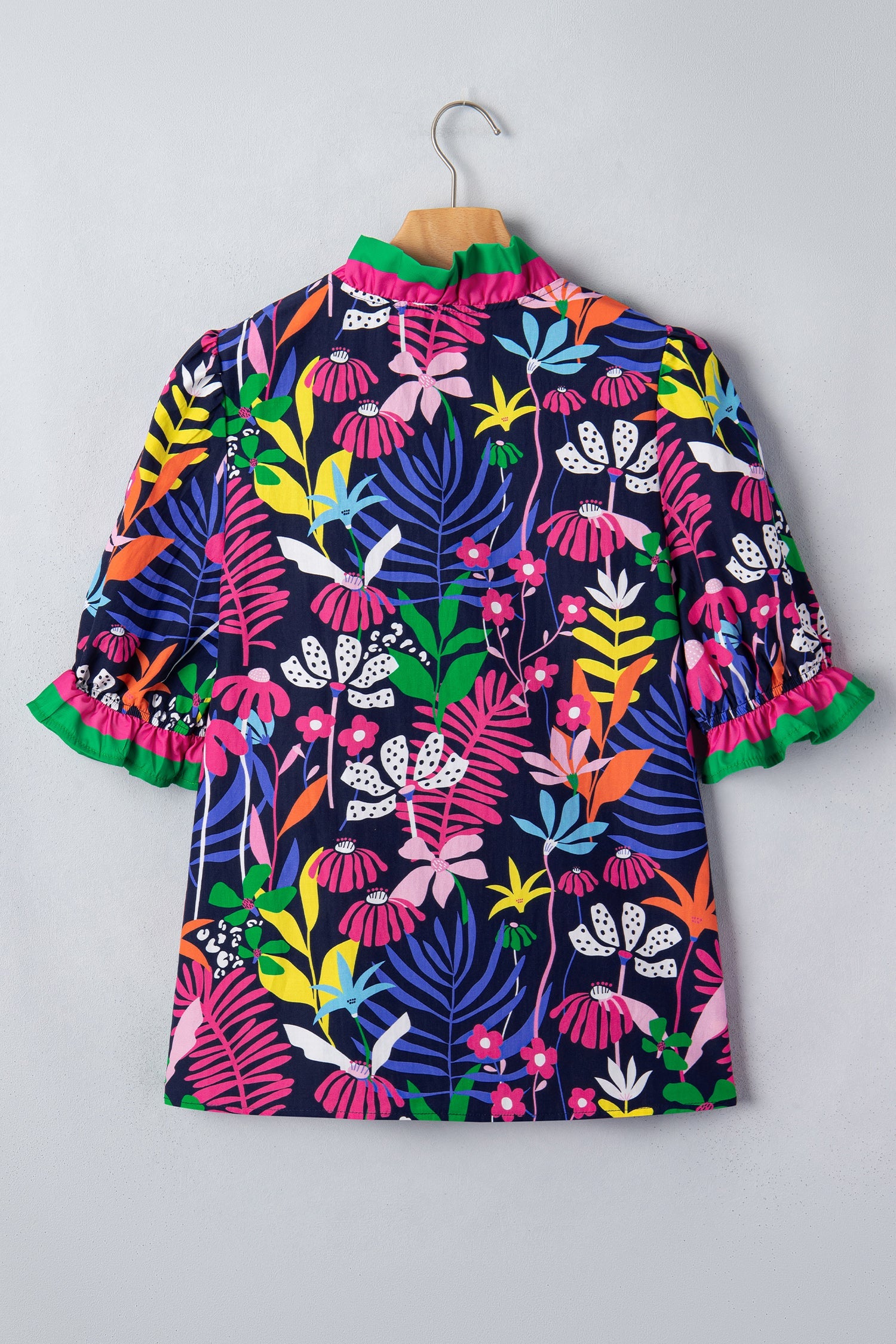 Floral Frilled Contrast Stripe V-Neck Blouse