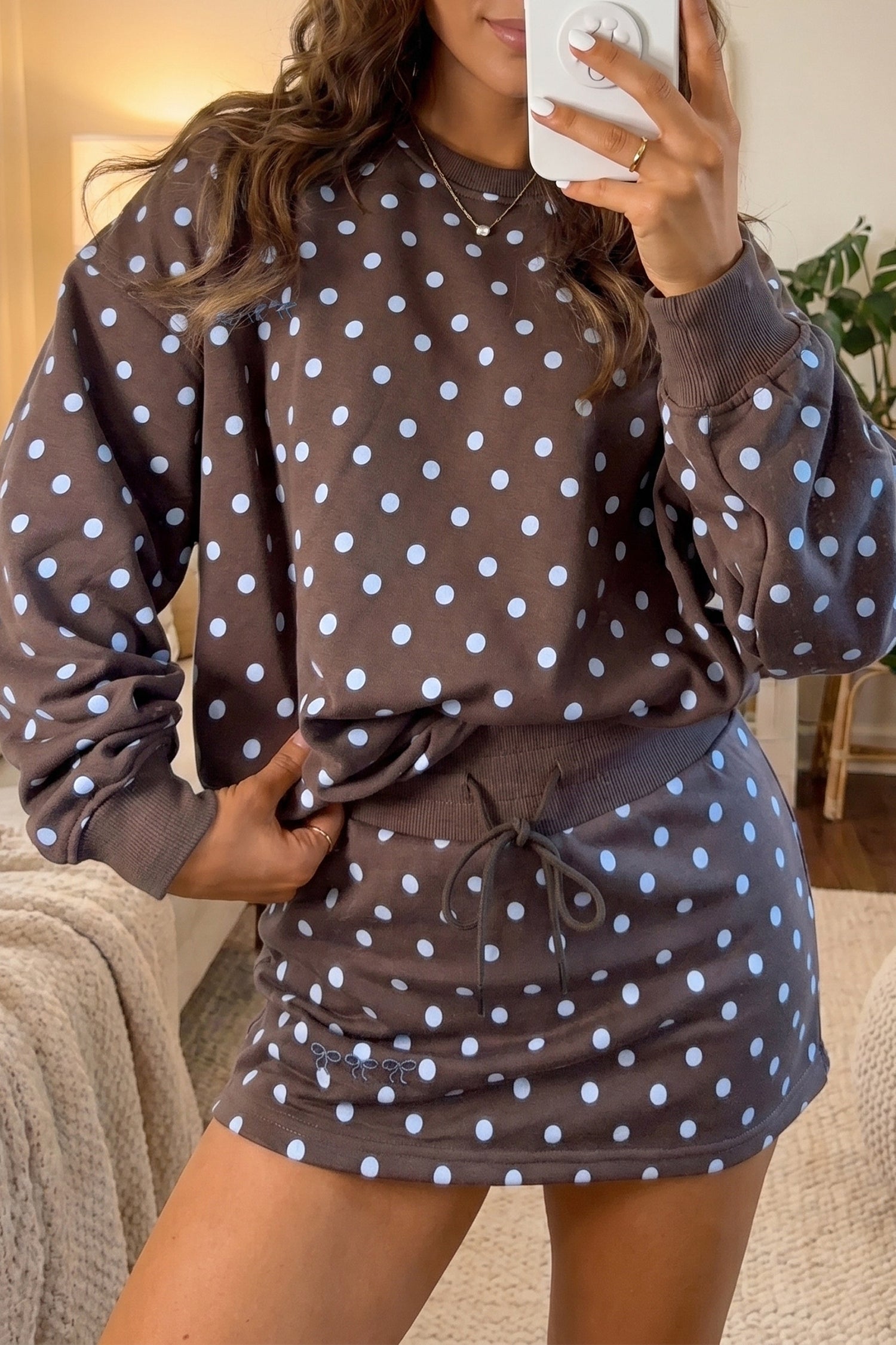 Polka Dot Long Sleeve Pullover & Bow Skort Set