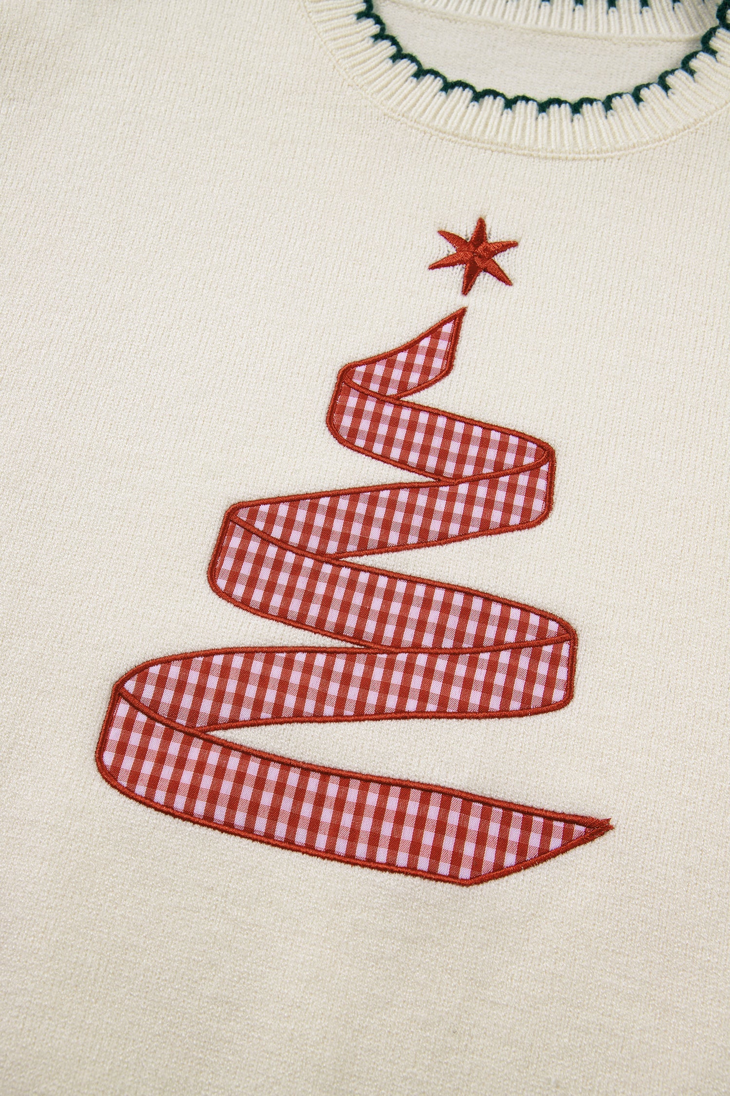 Gingham Christmas Tree Contrast Stitching Sweater
