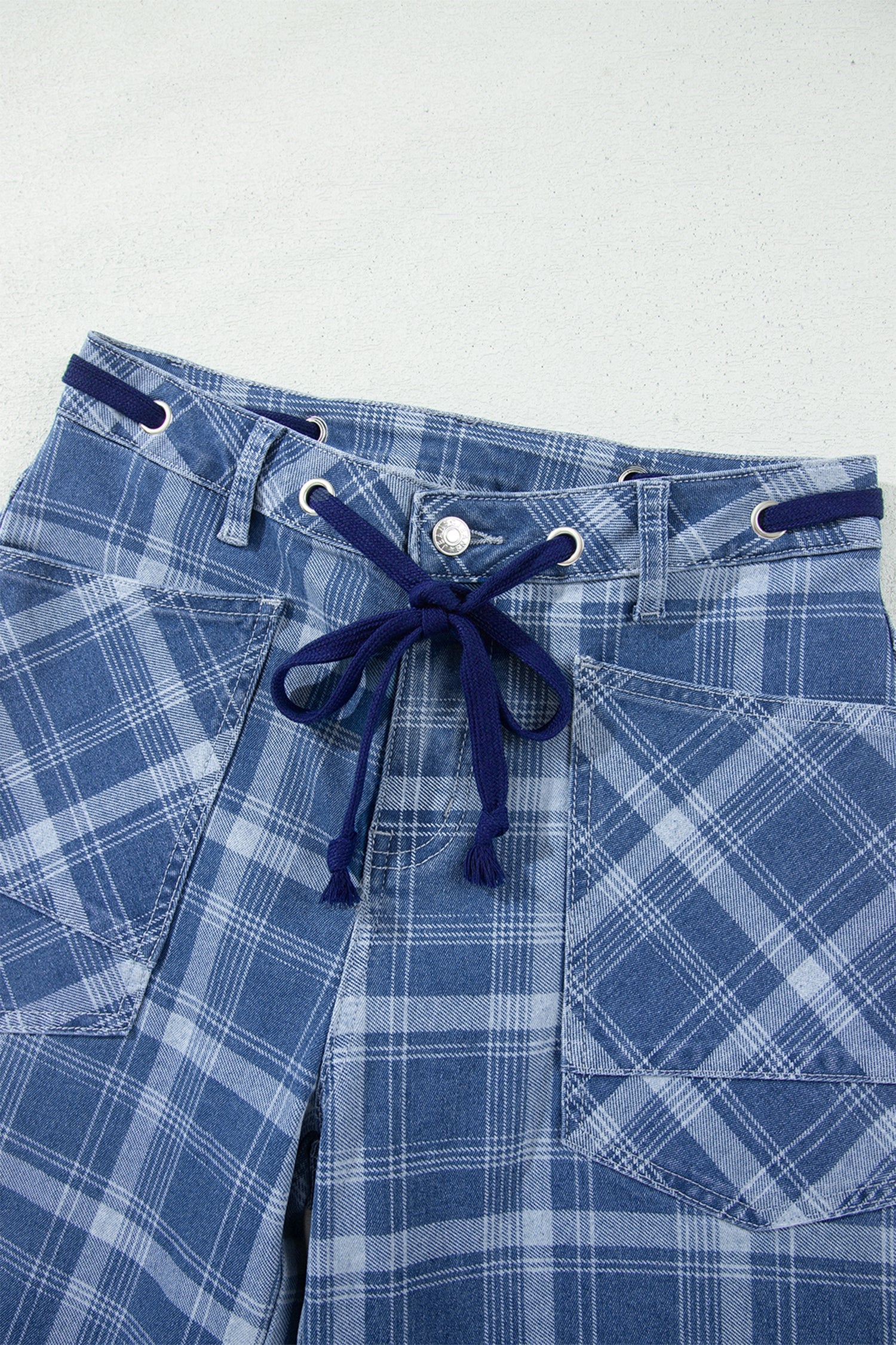 Denim Plaid Grommet Drawstring Waist Jeans