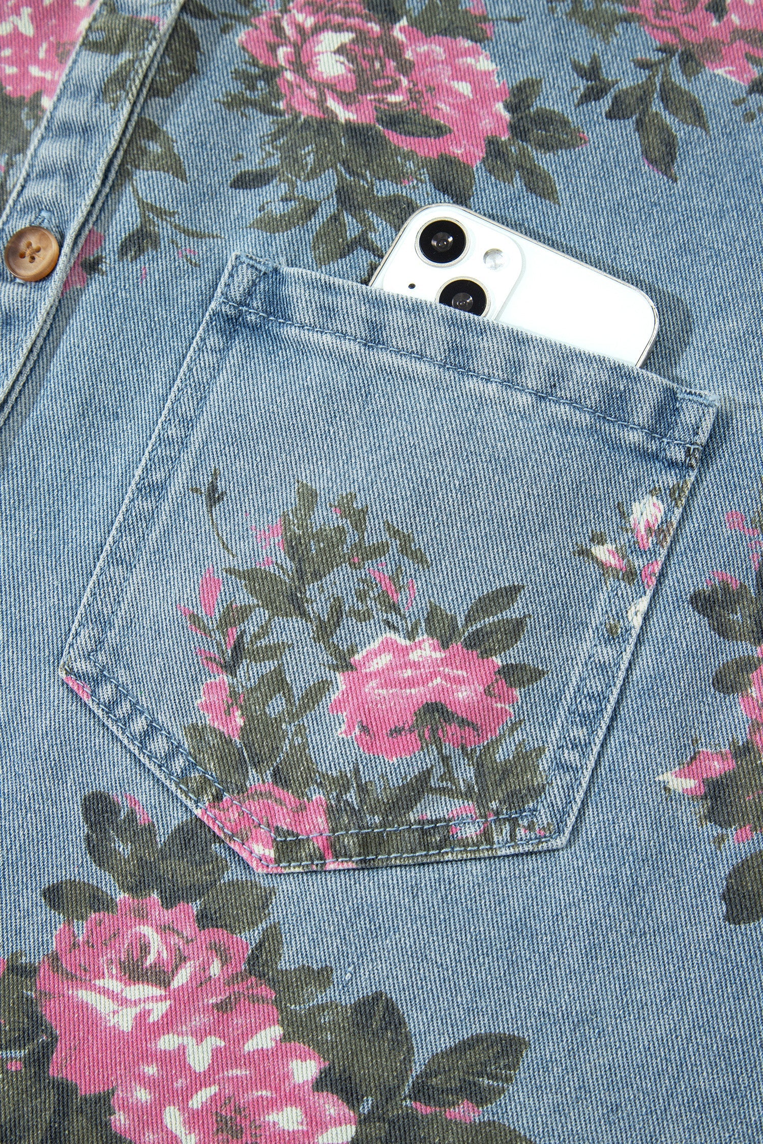 Floral Denim Raw Seam Ruffle Hem Jacket