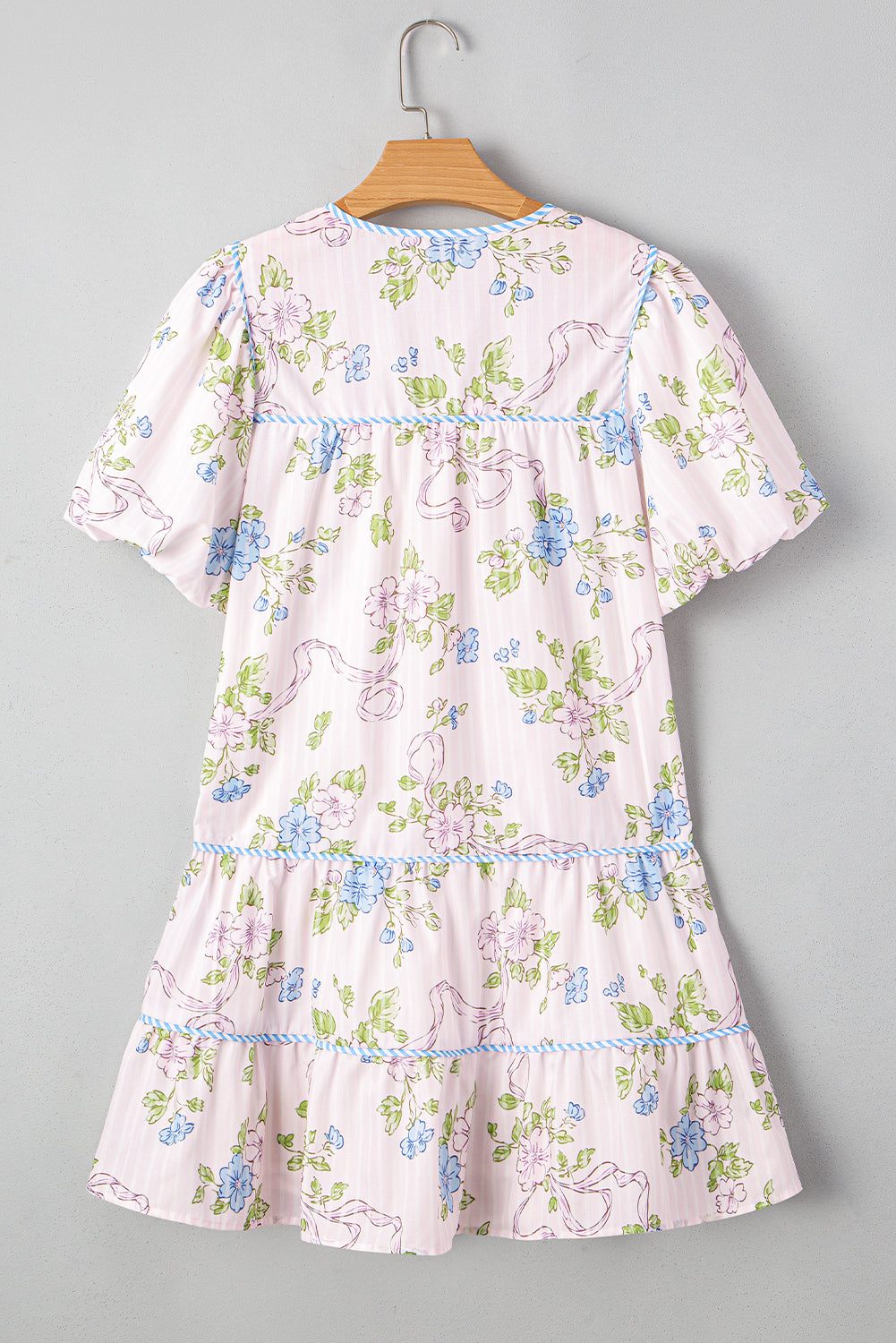Floral Stripe Contrast Tie Split Neck Mini Dress