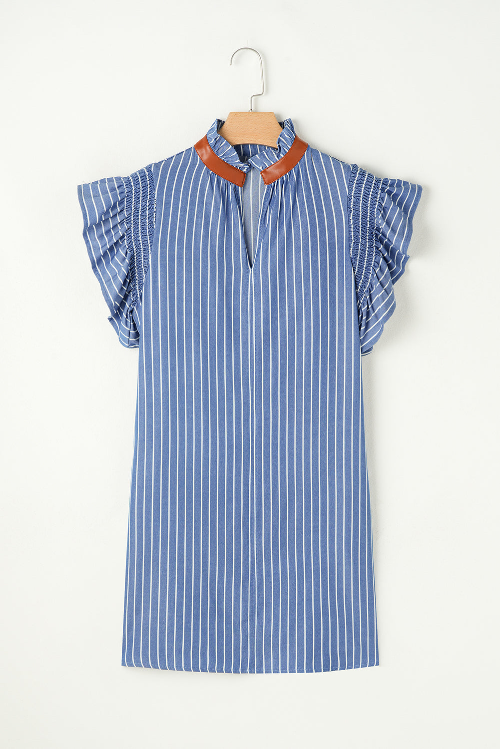 Stripe Frilly Neck Shirred Ruffle Sleeve Mini Dress