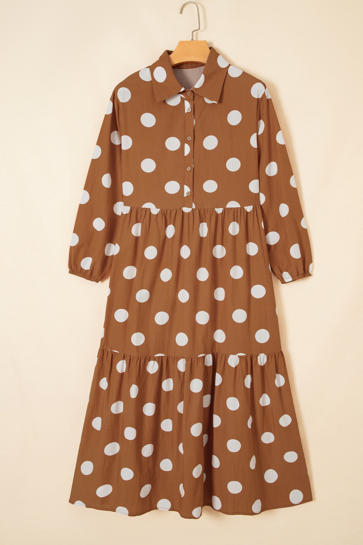 Polka Dot Buttoned Long Sleeve Tiered Midi Dress
