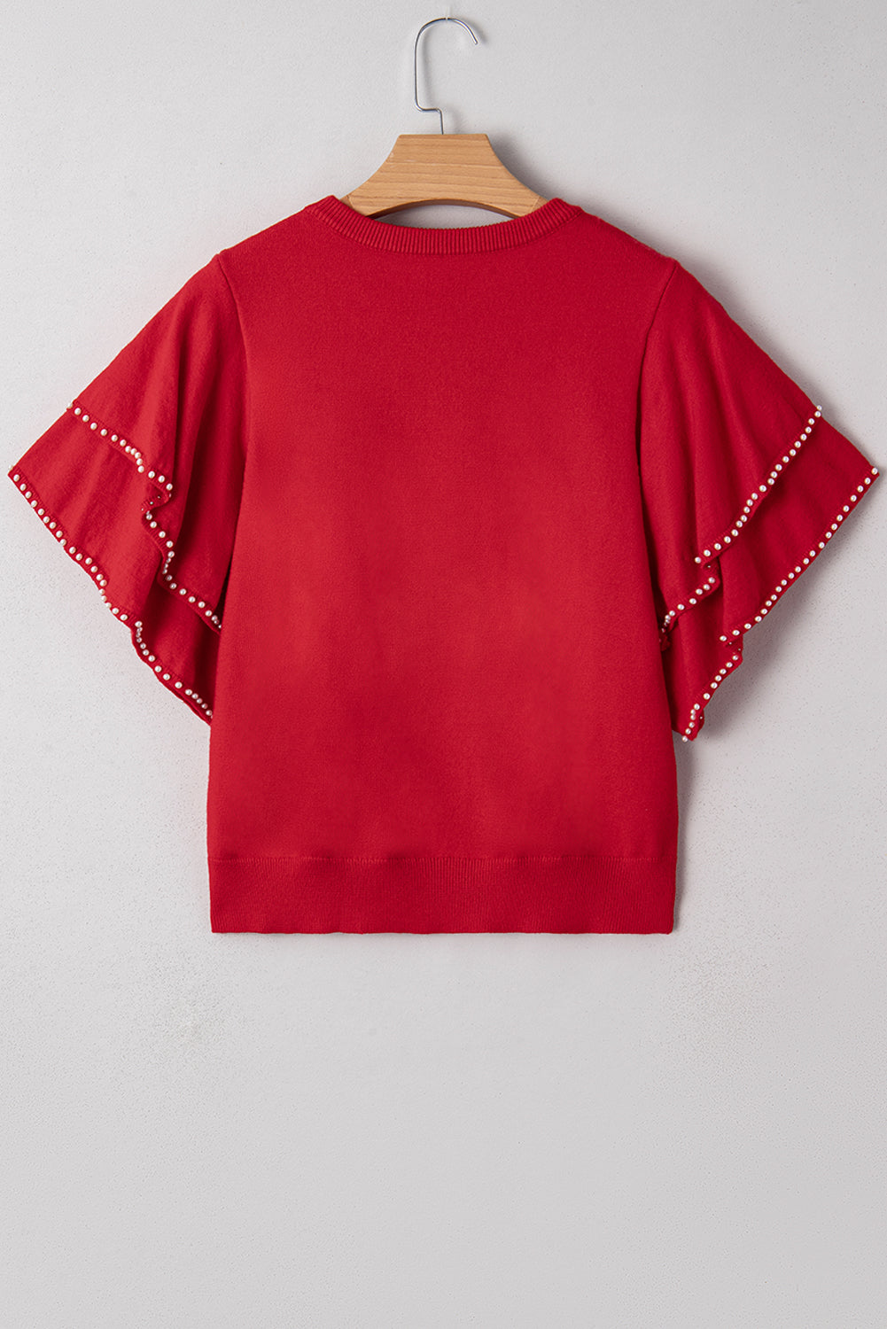 Solid Pearl Embellished Double Ruffle Sleeve Sweater