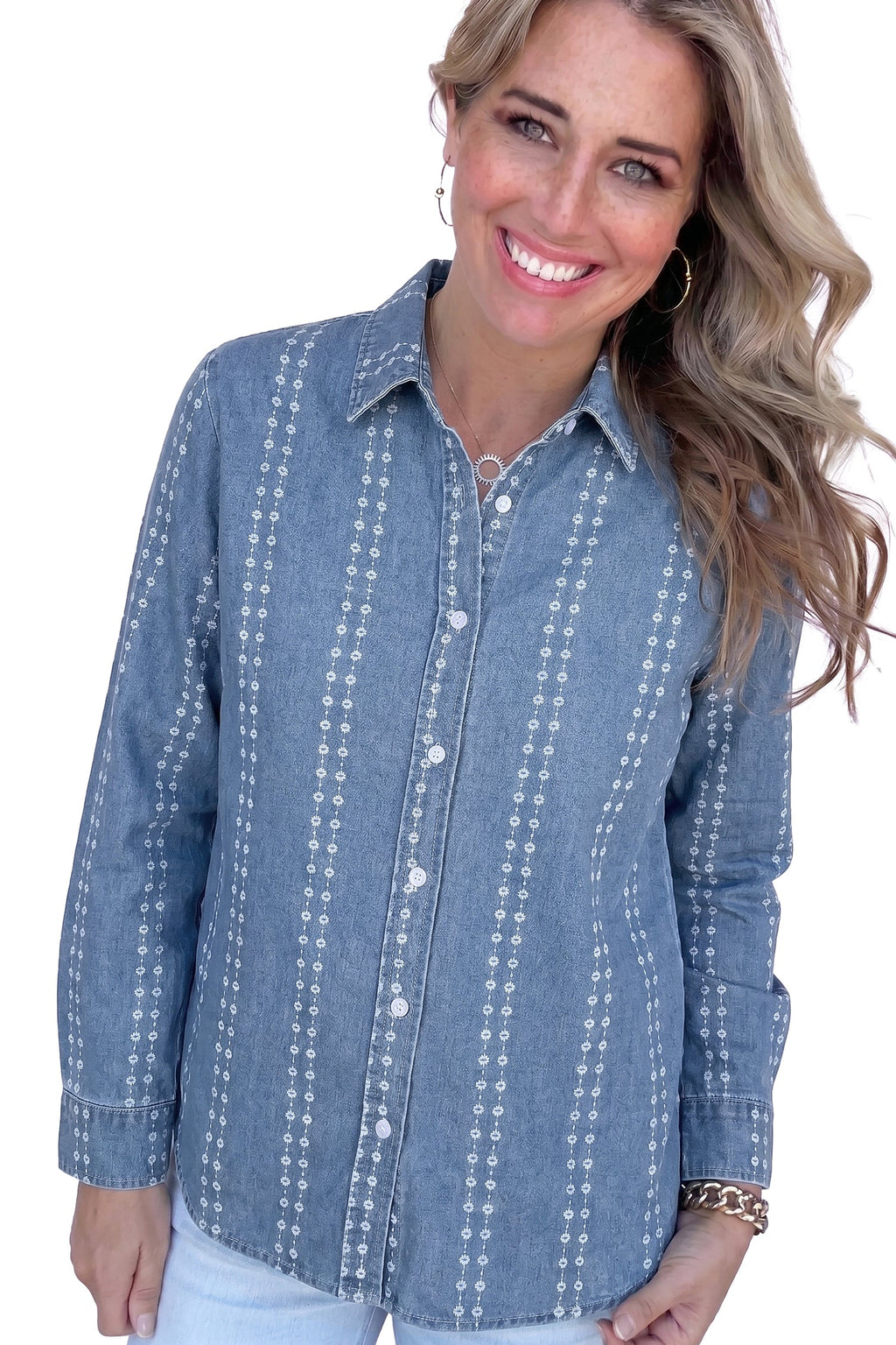 Floral Stripe Denim Buttoned Long Sleeve Shirt