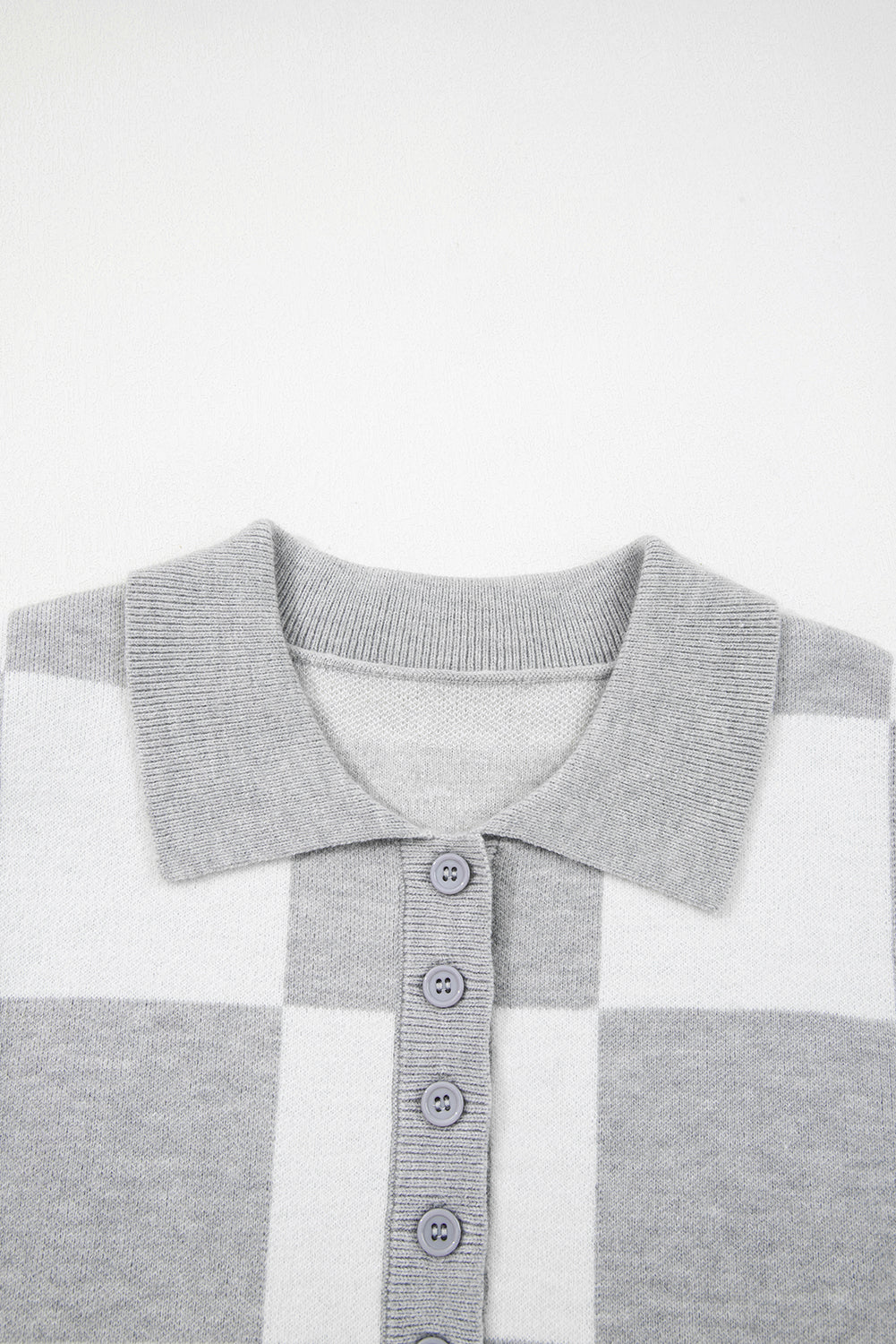 Plus Size Checker Buttoned Polo Collar Sweater