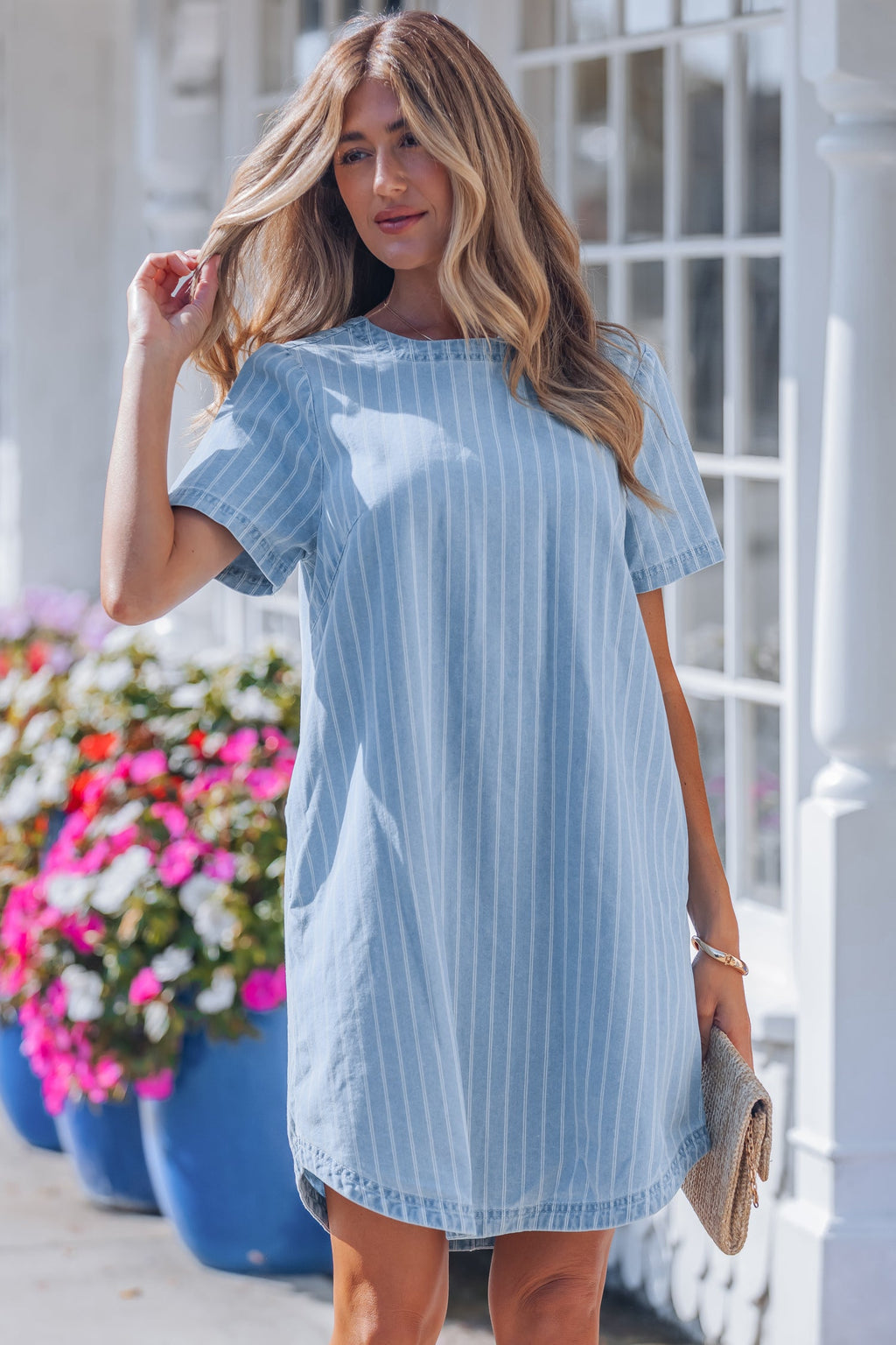 Stripe Denim Buttoned Back Mini T-Shirt Dress