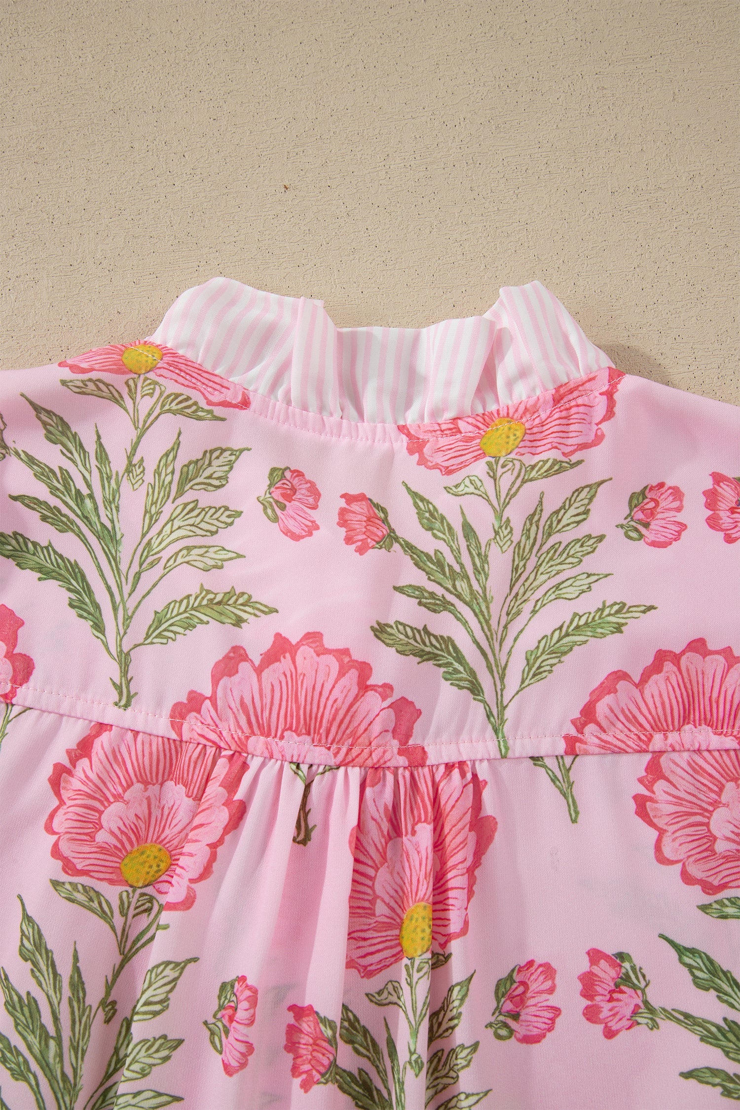 Floral Ruffle Stripe Trim Puff Sleeve Shirt