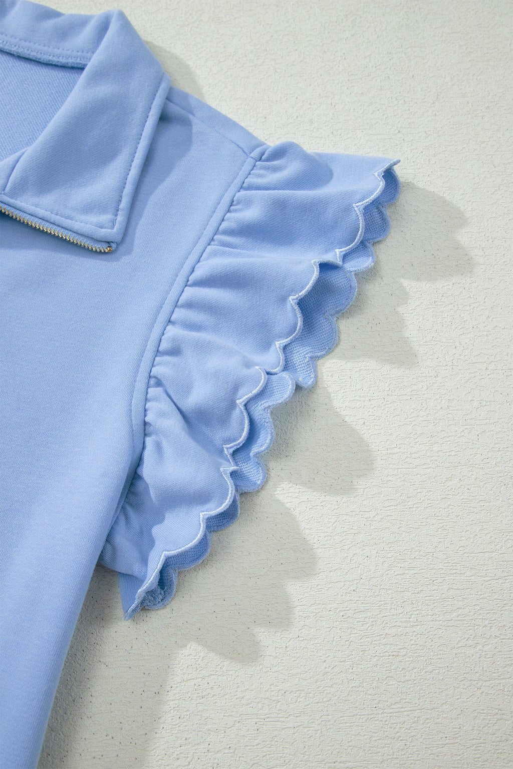 Solid Scalloped Ruffle Half Zip Top & Short Set