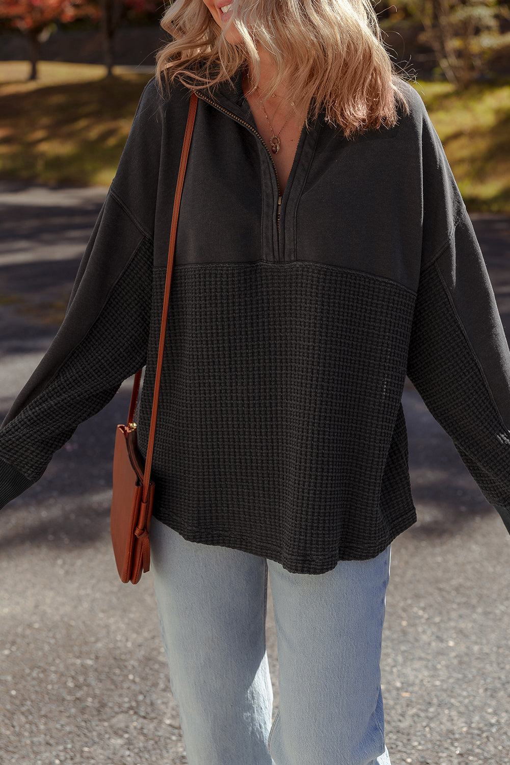 Waffle Knit Patchwork Half-Zip Sweatshirt