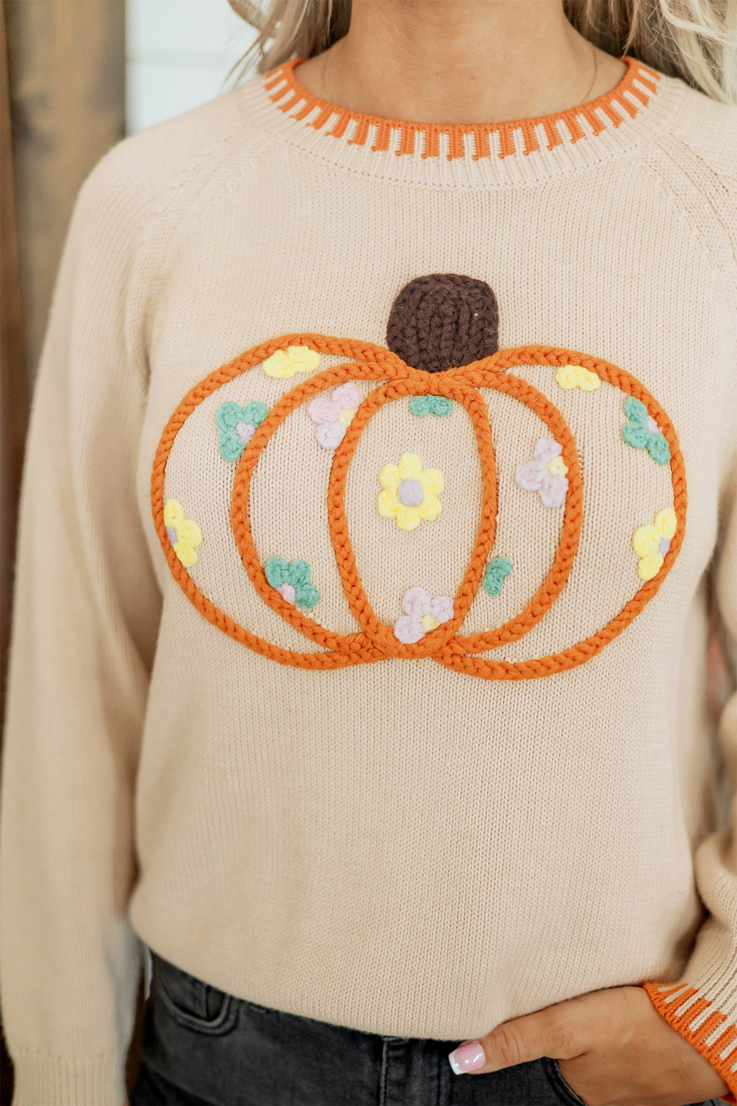 Pumpkin Floral Embroidered Round Neck Sweater