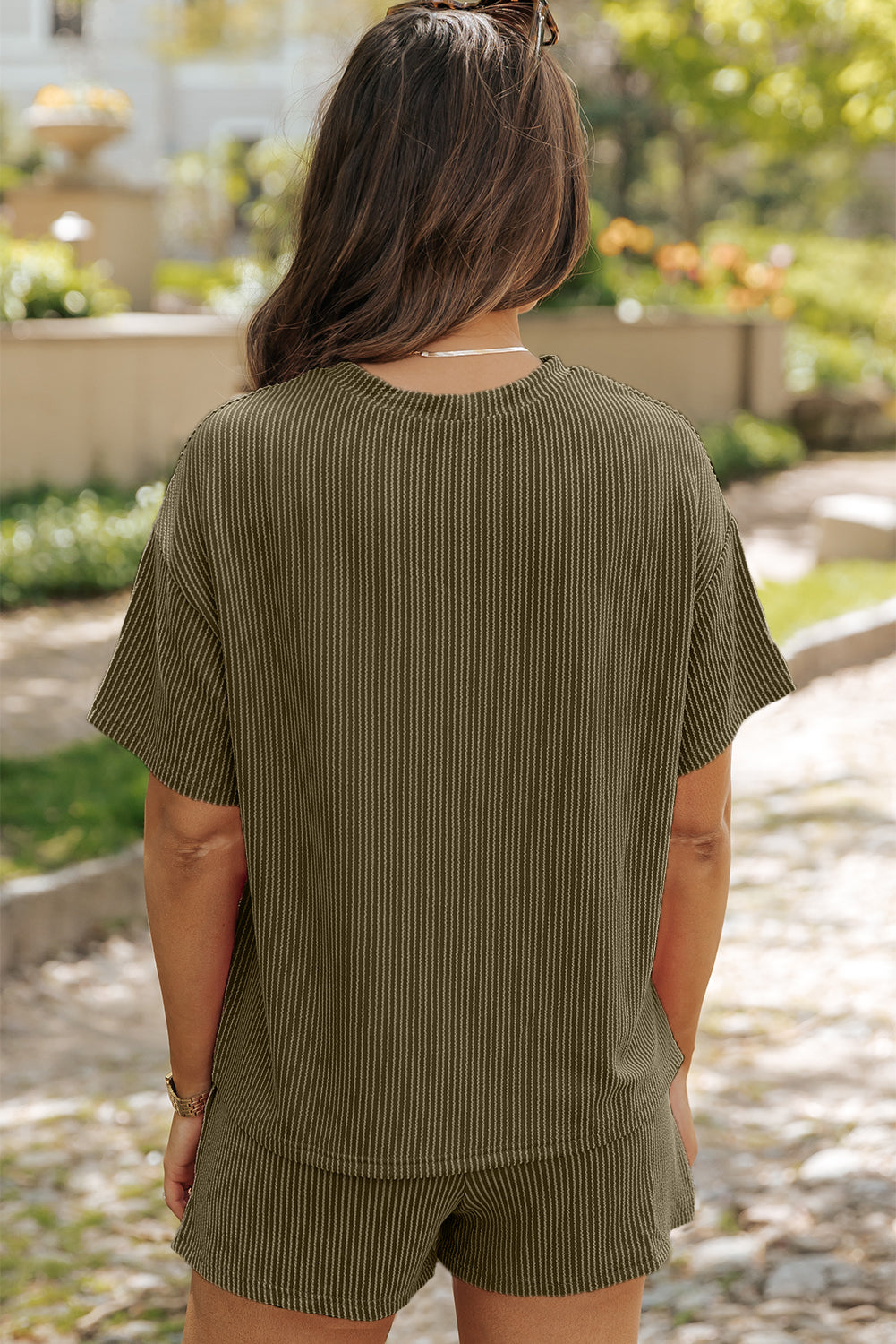 Solid Corded Short Sleeve Tee and Shorts Set
