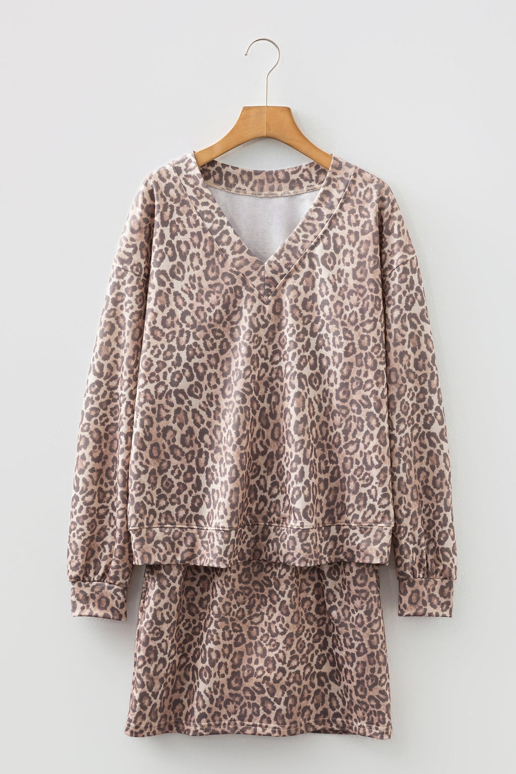Leopard V-Neck Pullover & Wide-Waistband Skirt Set