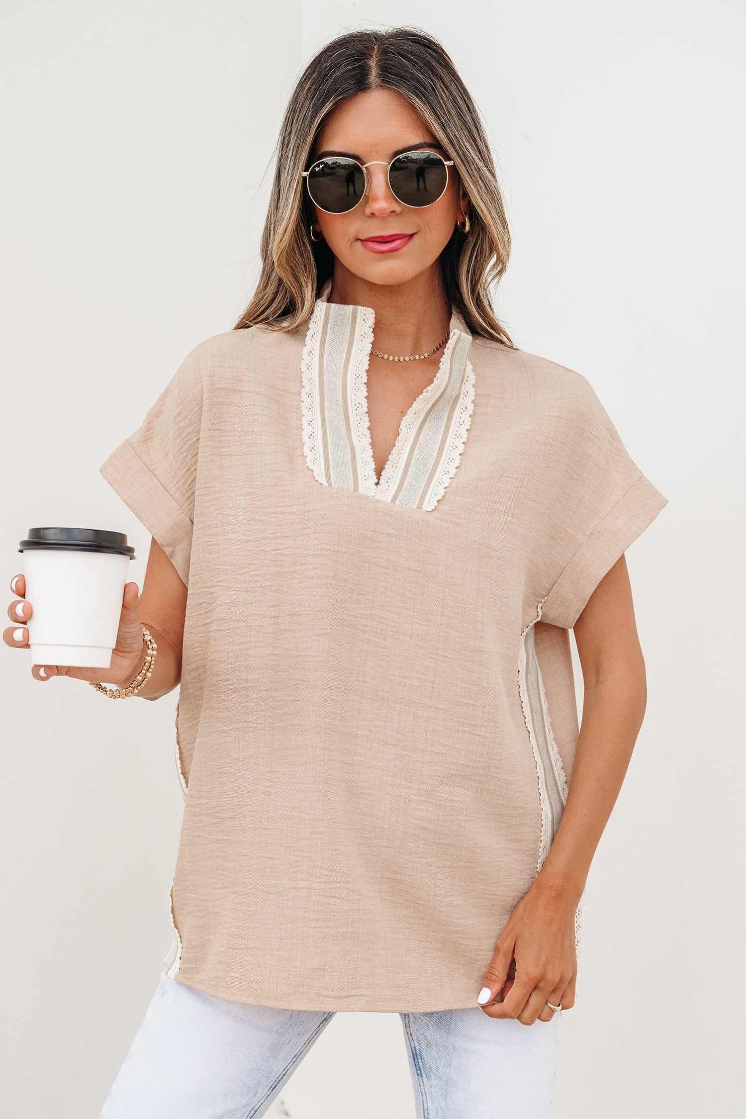Crochet Lace Trim Rolled Short Sleeve Blouse