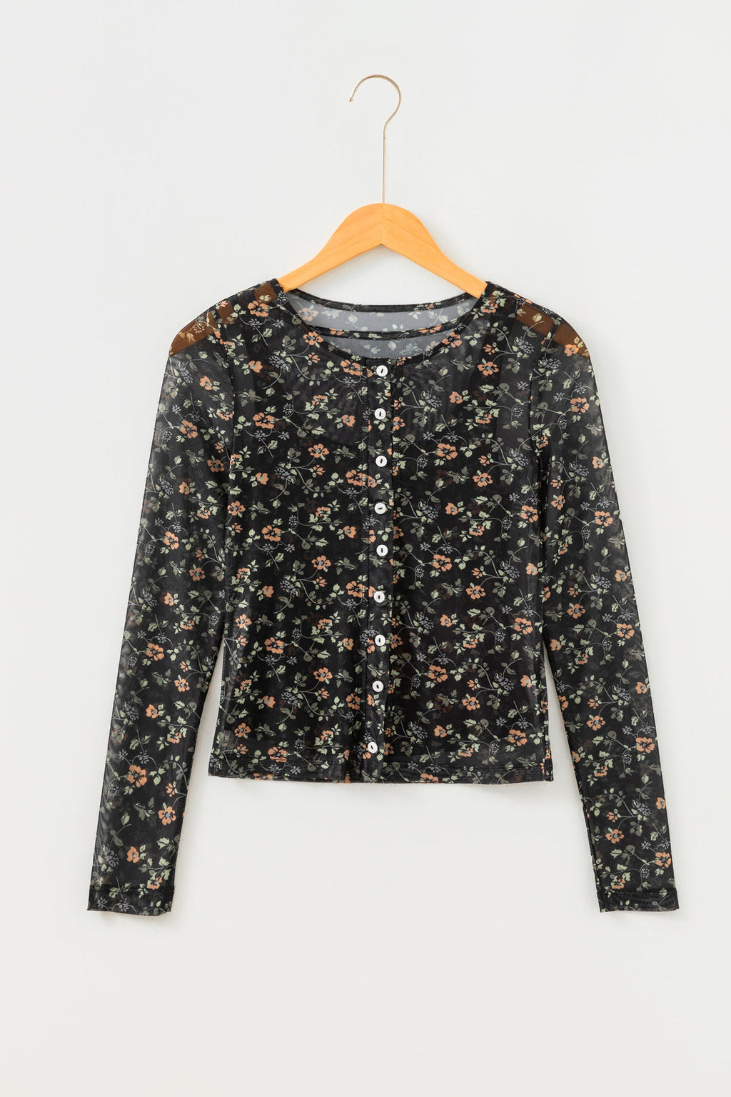Black Floral Print Mesh Tank Button Front Slim Cardigan 2pcs Set