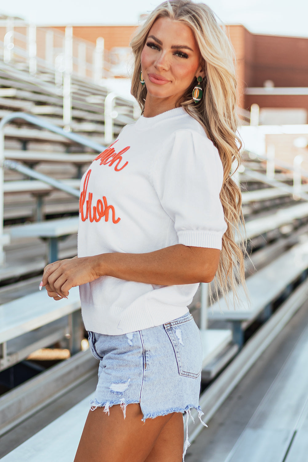 Touchdown Tinsel Puff Sleeve Crewneck Sweater