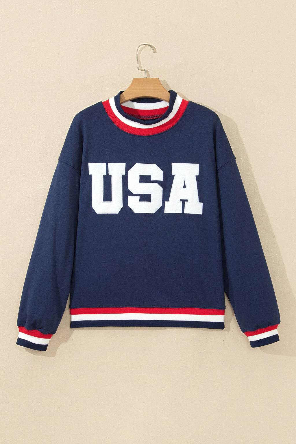 USA Slogan Patch Embroidery Colorblock High Neck Sweatshirt