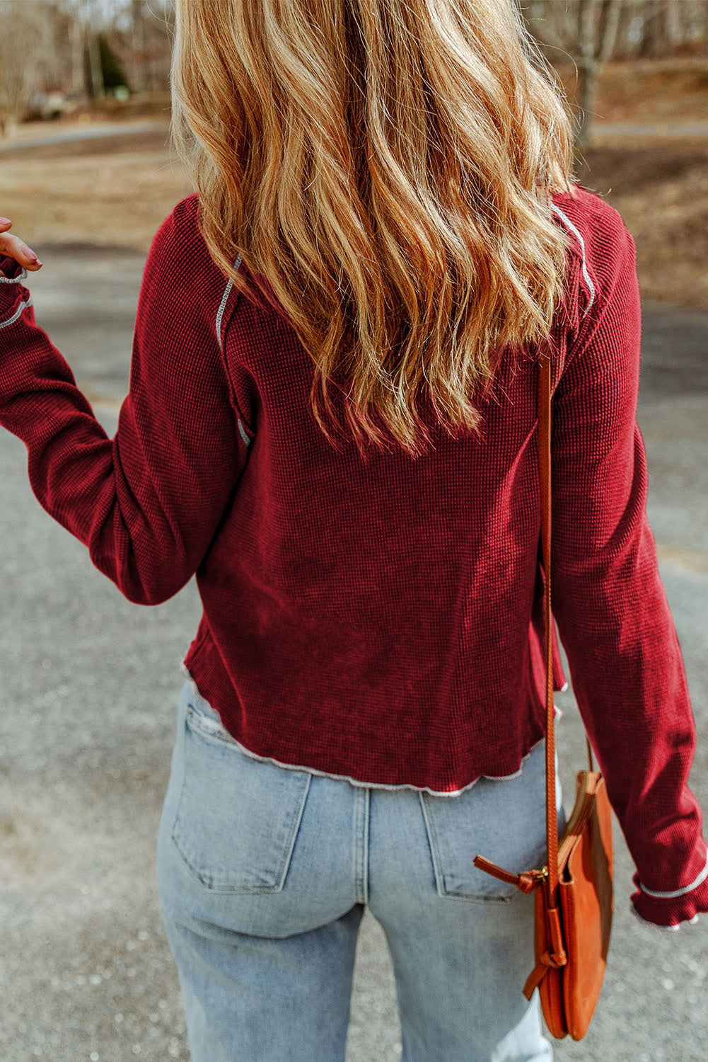 Solid Waffle Knit Round Neck Long Sleeve Top