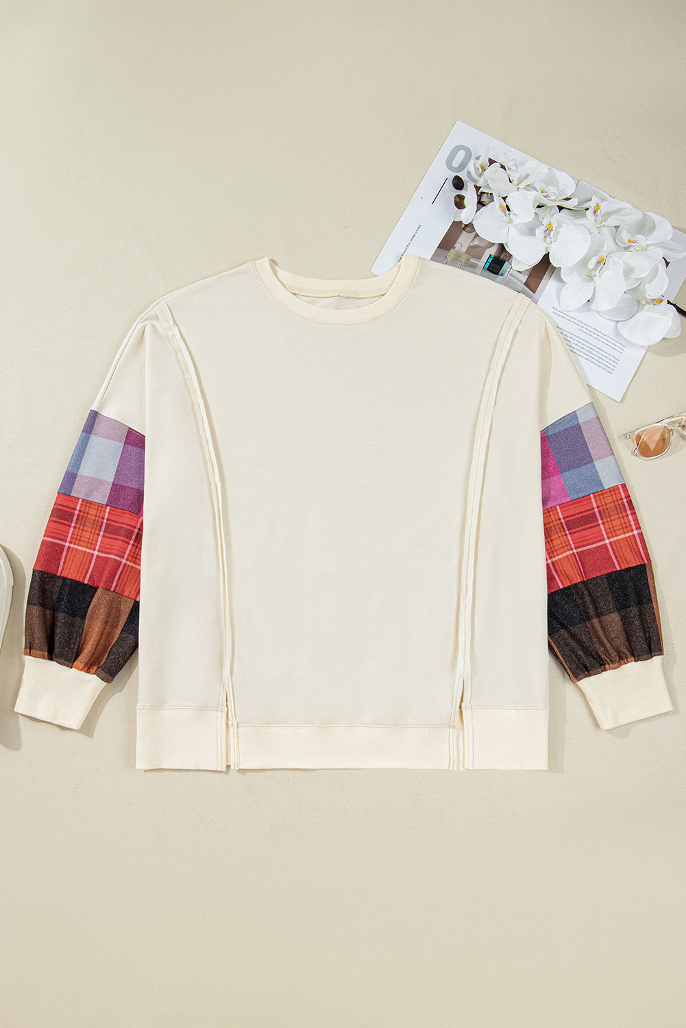 Plus Size Plaid Patchwork Long Sleeve Exposed Seam Top