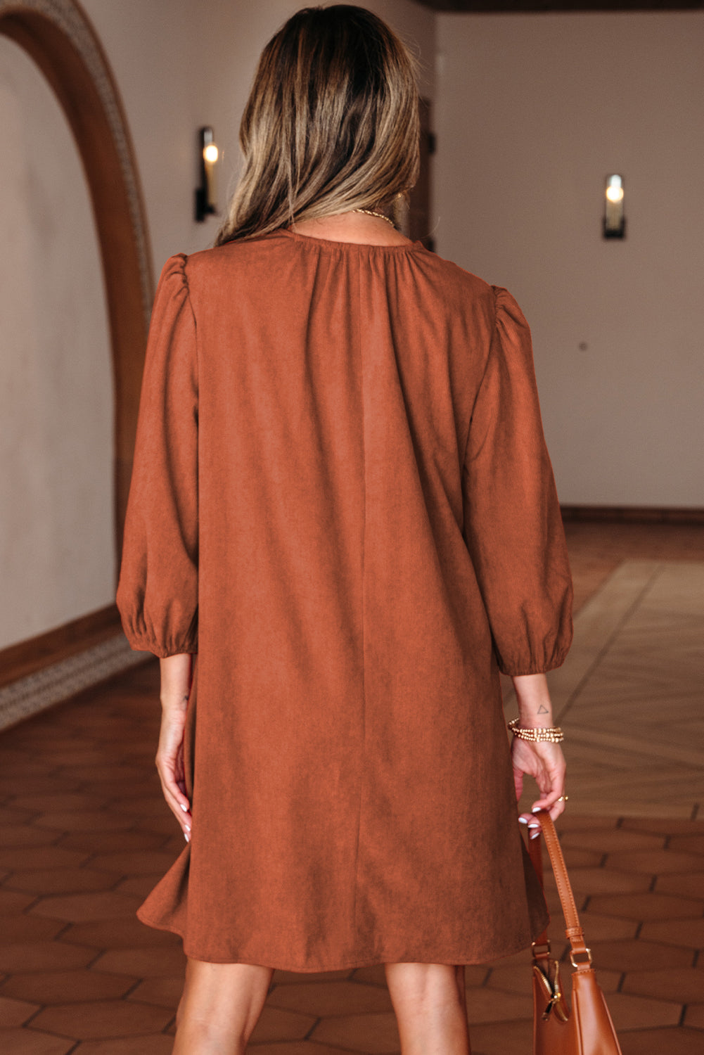Corduroy Pleated Scallop Neck 3/4 Sleeve Mini Dress