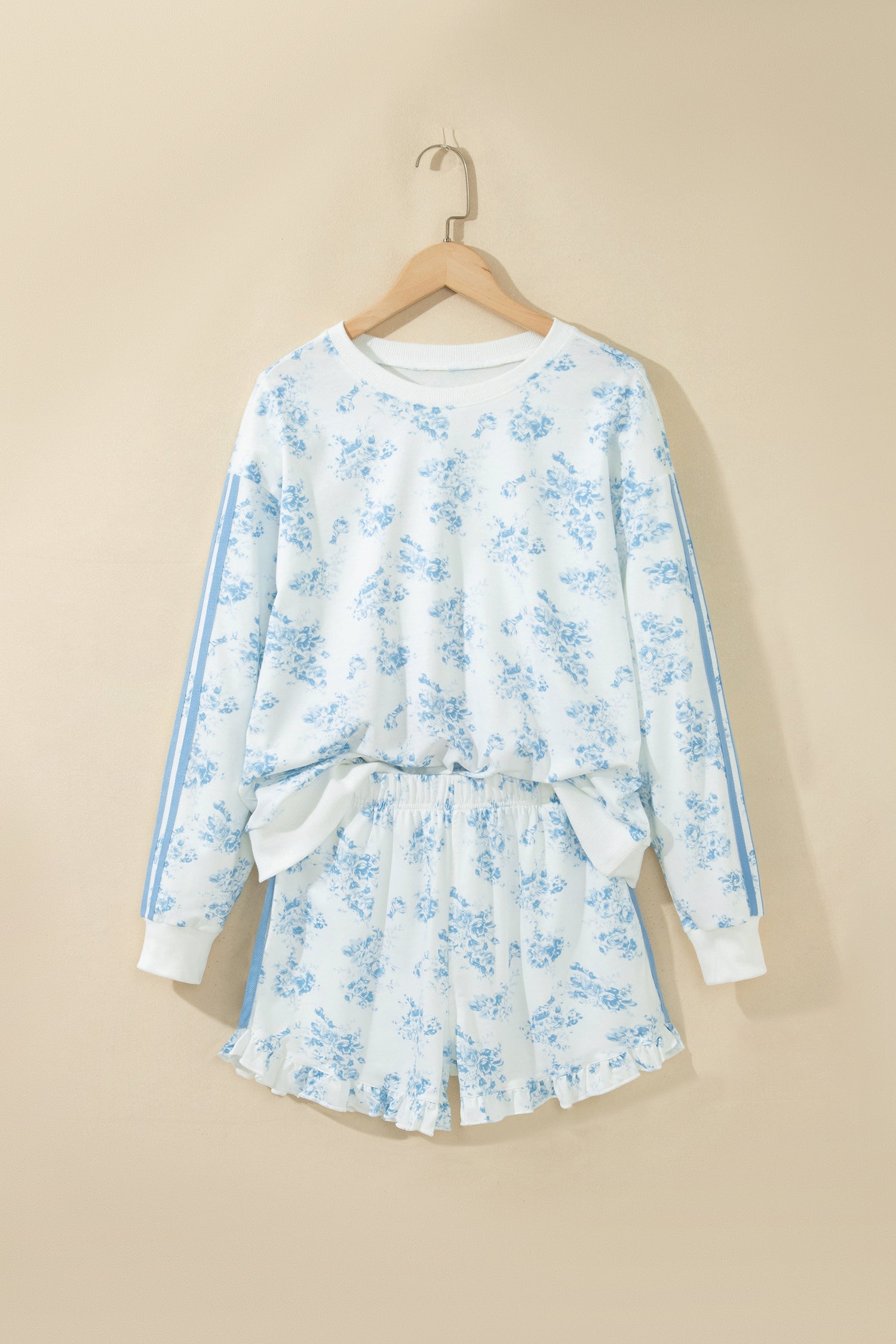 Floral Striped Side Detail Ruffle Hem Top & Shorts Set