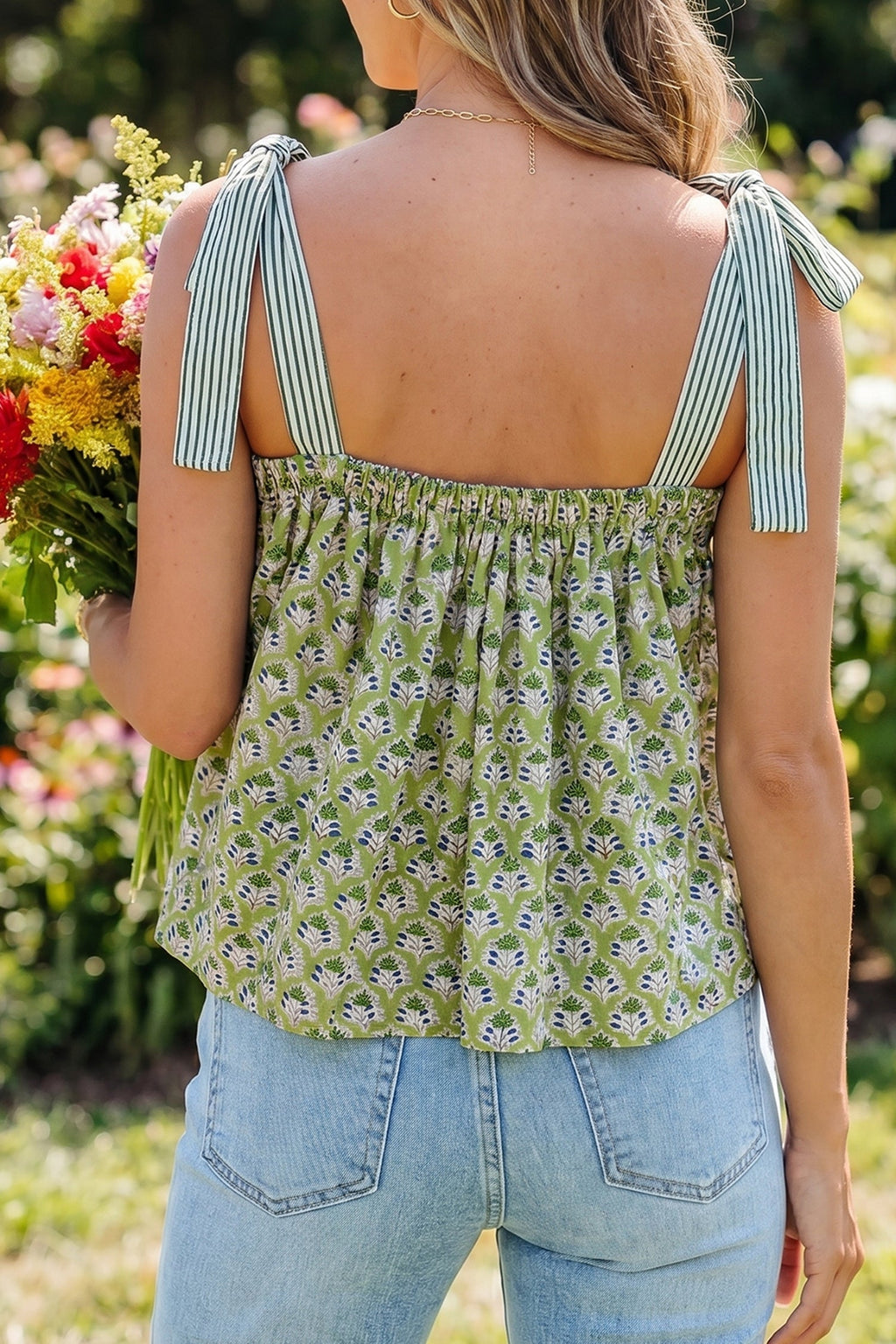 Floral Stripe Tie Strap Babydoll Tank Top