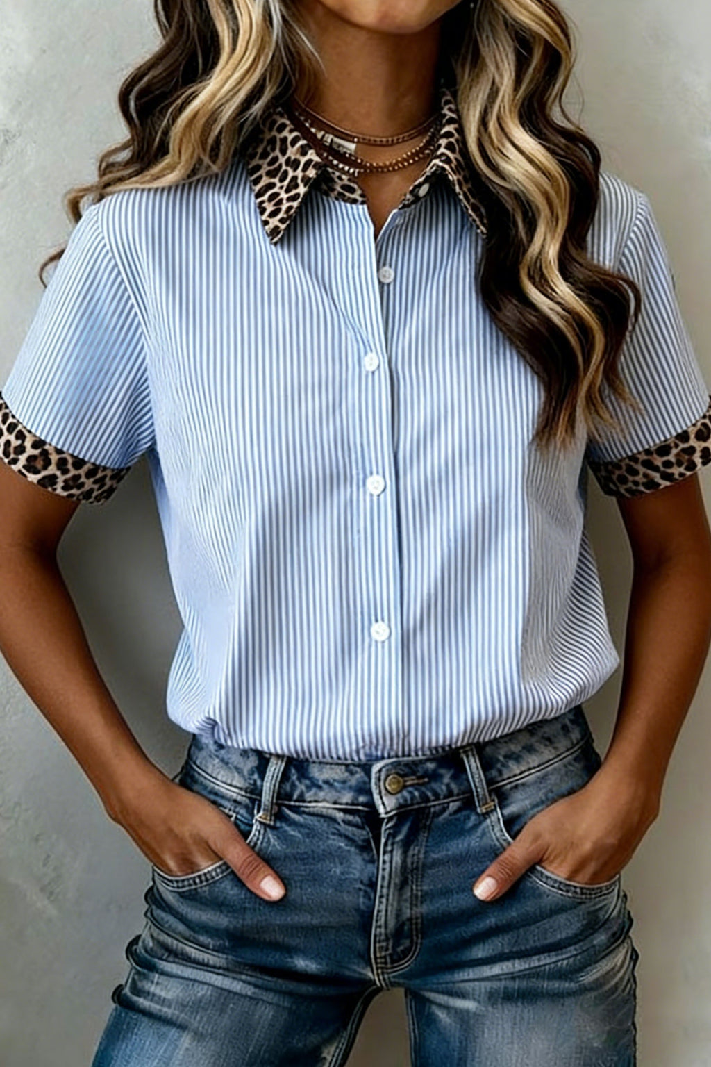 Stripe Leopard Contrast Collar Short Sleeve Shirt