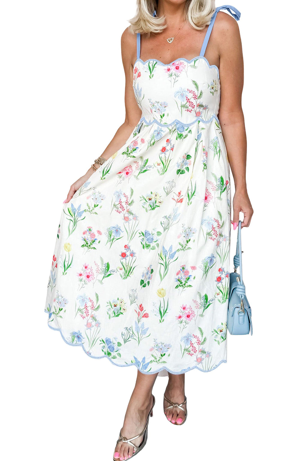 Floral Contrast Trim Tie Strap Midi Dress