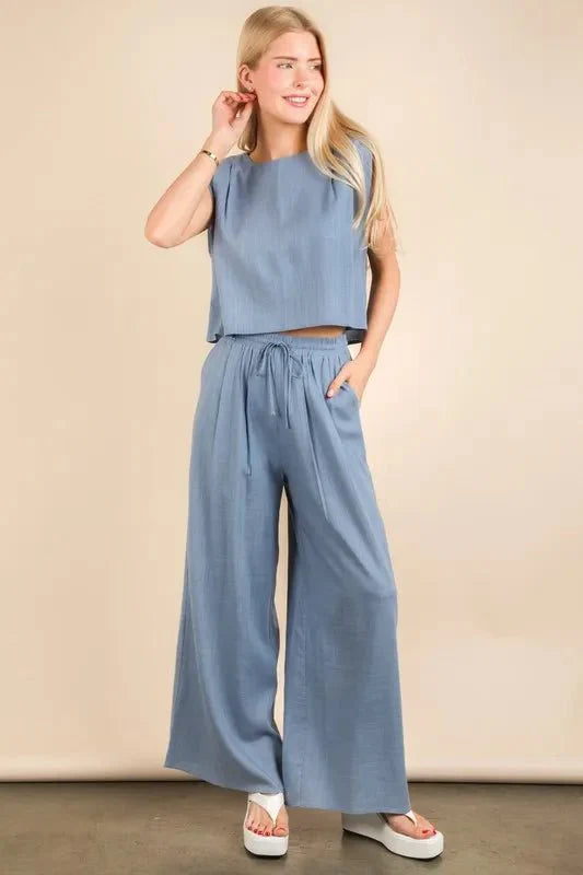 VERY J Solid Woven Top & Pants Set